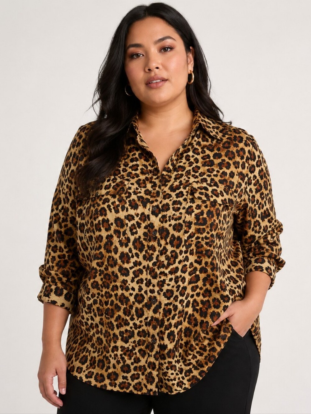 Alfred Sung Leopard Print Button Down Shirt XL Satin Feel Animal Print Top Brown